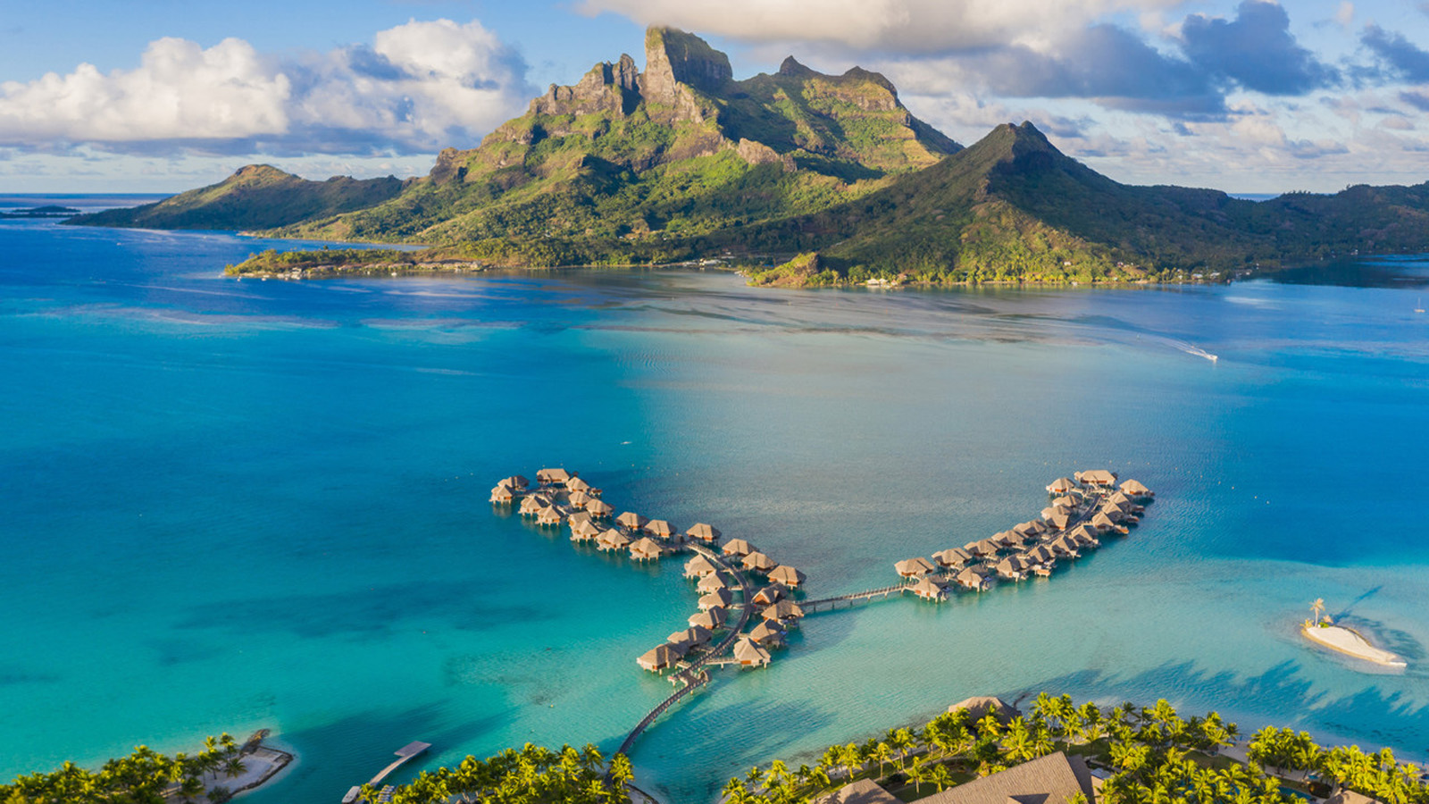 Four Seasons Resort Bora Bora aerial view with incredible turquoise waters
